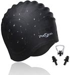 PHELRENA Swimming Cap Waterproof Premium Silicone Solid Long Hair Earmuffs Swim Cap Flexible Reversible for Adults Kids Women Men, Keeps Hair Clean Ear Dry, Free with Nose Clip and Ear Plugs