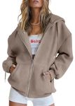 Jhsnjnr Women's Zip Up Hoodies Oversized Long Sleeve Sweatshirts Casual Running Jacket with Zipper Light Brown