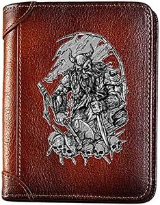 Scandinavie Viking Guerrier - Hommes Cuir véritable Portefeuilles, Unique Trifold Court Portefeuille avec Blocage RFID Protection de la Vie privée, Cadeau Luxe Porte-Monnaie,C
