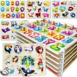 QUOKKA Wooden Puzzles for Toddlers 1-3 - 6XSET Toddler Puzzles Ages 2-4 with Rack - Learning Alphabet, Numbers and Animals Toy Puzzles for Toddlers 3-5 - Wood Games Gift for Boys and Girls