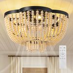 APBEAMLighting 19.3'' Boho Wood Beaded Ceiling Fan with Light, Black &Oak Boho Chandelier, Bohemia Flush Mount Light Fixture 6-Speed Reversible Flower Fandelier for Hallway Dining Room Bedroom Kitchen