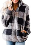 MEROKEETY Women's Plaid Sherpa Fleece Zip Sweatshirt Long Sleeve Pullover Jacket, Black, Small