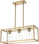 A1A9 Farmhouse Chandeliers for Kitchen Island, Brushed Brass Dining Room Lighting Fixture, Modern Rectangular Pendant Lights Chandelier with Clear Glass Shade (Gold, 3-Lights)