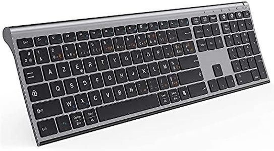 Clavier AZERTY Ultra-Mince et Rechargeable, Multi-dispositifs avec 3 Canaux Bluetooth, Compatible avec PC, Tablette, Téléphone Mobile, iPad sous Windows, iOS, Mac OS- Gris