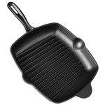 VonShef Cast Iron Griddle Pan, 10" Frying Pan, Pre-Seasoned Non-Stick Pan for All Hob Types, Oven Safe Heavy Duty Skillet Pan with Pouring Lip & Ridged Surface