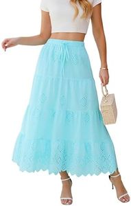 Love Welove Fashion Women's Boho Maxi Skirt - 100% Cotton Embroidered Eyelet, Flowy Tiered A-Line, Elastic Waist, Summer Beach Long Skirt Aqua Blue