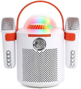 AURTEC Bluetooth Karaoke Machine with Two Wireless Microphones, Portable Design with Large Battery, RGB Light Effects & Voice Changer, Bluetooth 5.0 Powerful Speaker, AUX and TF Card Input, White