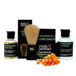 Pink Woolf Travel Shaving Kit For Men - Pre-Shave Oil, Shaving Brush, Shaving Soap, and After Shave Balm (SEABUCKTHORN ALOE VERA), Eliminate Shaving Irritation, Pack Of 4, 50 ML