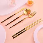 Iktu Premium Gold Plated 304 Stainless Steel Fork Spoon Chopstick Set Flatware Dinnerware Cutlery Tableware Set (Dotted Black)