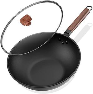 Lyeef Nonstick Wok, 13-Inch Carbon Steel Wok Pan with Lid Woks & Stir-Fry Pans No Chemical Coated Wok with Spatula Flat Bottom Cookware Chinese Wok for Induction, Electric, Gas, Halogen, All Stoves