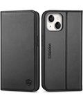 SHIELDON Case for iPhone 14 6.1" 5G, Genuine Leather for iPhone 14 Wallet Folio Case [Magnetic Closure] [RFID Blocking Card Slots] [Kickstand] Full Protection Compatible with iPhone 14 - Black