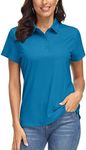 MAGCOMSEN Ladies Short Sleeve Polo Shirts Breathable Sports Golf Tennis Tee Tops Button Plain Polo T Shirts Blue Green