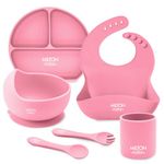 Milton Baby Silicone Feeding Set of 6 I Strong Suction Base with Release Tab I 100% Food Grade-BPA Free I Flat Base Tumbler I No Mess I Adjustable Fit Bib I Soft Spoon I Pink