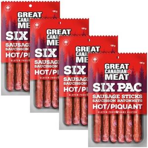 Hot Smoked Sausage Sticks - 4 Pack 4 x 150g Six Pac by Great Canadian Meat, Meat Snacks, Bulk Sausage Sticks Box For Carnivores. Perfect For Snacking, Paleo Friendly, Gluten Free, High In Protein