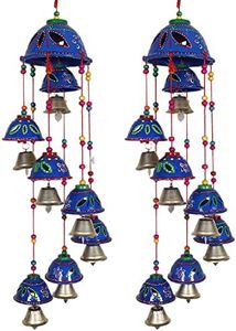 Heart Home Rajasthani Design Handcrafted Hanging Windchimes|Latkan with 8 Bells for Home D cor & Positive Energy,Pack of 2 (Blue)