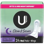 U by Kotex Clean & Secure Overnight Maxi Pads with Wings (Previously 'Security'), Extra Heavy Absorbency, 24 Count (2 Packs of 12) (Packaging May Vary)