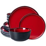 LEHAHA Melamine 12-Piece Modern Dinnerware Set, Kitchen Plates and Bowls Sets, Luxury 2 tone Red and Black Ceramic look Dish Set for 4.Heavy Than Normal Melamine But lightweight and Study than Ceramic