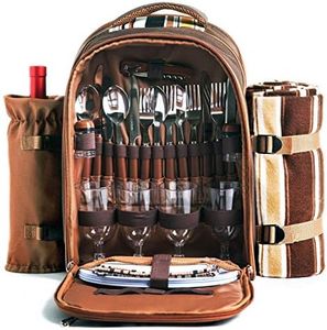 Hap Tim Picnic Backpack Bag for 4 Person with Cooler Compartment, Detachable Bottle/Wine Holder, Fleece Blanket, Plates and Cutlery Set Perfect for Outdoor, Sports, Hiking, Camping, BBQs(Coffee)