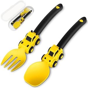 Construction Toddler Utensils - Toddler Forks and Spoons - Kids Spoon and Fork Set - Suitable for Kids Utensils - Baby Utensils, Portable Utensils Set for 1 2 3 4 5 year old Toddlers - Yellow