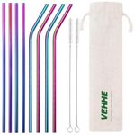 VEHHE Metal Straws Drinking Straws 10.5" Stainless Steel Straws Reusable 8 Set - Ultra Long Rainbow Color-Cleaning Brush for 20/30 Oz for Yeti RTIC SIC Ozark Trail Tumblers (4 Straight|4 Bent|2 Brush)