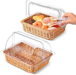 Ziliny 2 Sets Bread Baskets for Serving with Acrylic Lids and Kitchen Serving Tongs Wicker Bread Basket for Sourdough Bread Pantry Restaurant Display(13.78 x 10.63 Inch)