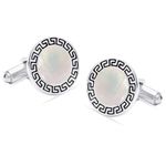 LeCalla 925 Sterling Silver Cufflinks for Men | Mother of Pearl & Enamel Disc Cufflinks with Greek Key Frame | Cuff-Links Jewelry Gifts for Son, Father, Husband, Boyfriend