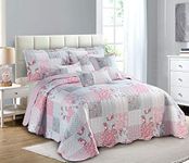 Prime Linens Luxury Quilted Patchwork Bedspread Bed Throw 3 Piece Bedding Set Includes Comforter & 2 Pillow Shams Floral Design Coverlet Embroidered (Floral Grey, King)