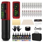 EZ Tattoo Kit - Tattoo Gun Kit with Wireless Tattoo Machine Pen, 1800mAh Power Supply Battery, 20Pcs Tattoo Cartridge Needles and 8 Color Inks for Tattoo Beginners and Artists (P2S Red)