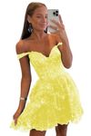 Off Shoulder Sequin Homecoming Dresses Tiered Lace Short A Line Prom Dress for Teens Sparkly Cocktail Party Gowns, Yellow, 18 Plus