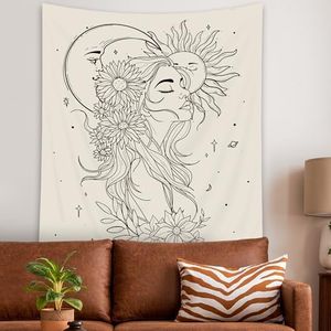 SVBright Abstract Woman Fabric Wall Hanging Tapestry 51Wx59H Inch Beige Sun Moon Stars Sunflower Girl Plant Leaves Floral Blossom Aesthetic Modern Portrait Home Decor Art for Living Room Bedroom Dorm