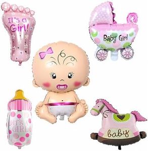 EZONEDEAL 5Pcs Baby Shower Foil Balloons Decoration Pram Rocking Horse Bottle Foot and Newborn (Pink)