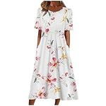 AMhomely Summer Dresses for Women UK Clearance Elegant Casual Sexy Round Neck Printing Short Sleeve Pockets Dress for Special Occasions Ladies Maxi Dresses Plus Size Petite Sexy Dress UK Size