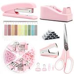 Pink Office Supplies,Pink Desk Accessories, Stapler and Tape Dispenser Set for Women with Stapler, Tape Dispenser, Staple Remover, Staples, Clips, Scissor and Tabs,Gift for Students, Coworkers…