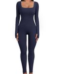 Svanco Women Jumpsuit Ribbed Long Sleeve Bodysuits One Piece Black Unitard Playsuits Workout Bodycon Jumpsuits Square Neck Rompers Exercise Sportwear All in One Outfit Navy M