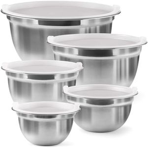 FineDine Stainless Steel Mixing Bowls Set with Lids, Home Kitchen Cooking Essentials Household Must Haves for Baking, 5 Pieces