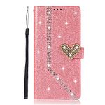 iPhone 12 / iPhone 12 Pro Case All Glitter for Girls Bling Love Heart 3D Gems Sparkle Shockproof Leather Wallet Flip Magnetic Protective Phone Case Folio Book Covers for iPhone 12 /12 Pro Pink