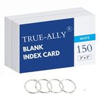 True-Ally unruled Index Flash Cards - 3x5 inch, White, 150 Cards, 200 GSM - with Free Binder Rings for Short Notes, cue Cards, Cheat Sheets, exam, Interview Preparation (3x5 inch Plain - 150 Sheets)