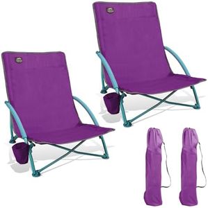 LANMOUNTAIN 2 Pack Low Beach Chair,Folding Recliner Camping Chair for Adults,Lightweight Backpacking Low Seat Camping Chairs with Cup Holder, Carry Bag for Outdoor Camp Lawn Picnic Festival,Purple