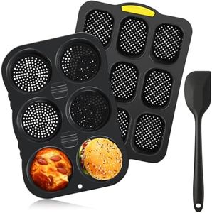 FillTouch Juego de 3 sartenes de silicona para baguette y pan de hamburguesa con espátula antiadherente, bandeja para hornear baguette de 9 tazas, 6 tazas, moldes para hamburguesas, panecillos para