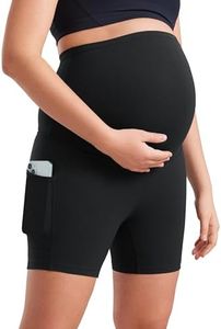 CRZ YOGA Womens Butterluxe Maternity Yoga Biker Shorts with Pockets 5" - Over The Belly Pregnancy Workout Athletic Black Medium