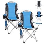 Set of 2 Oversized Deluxe Padded Folding Camping Chair with Cup Holder and Side Pocket Lightweight High Back Leisure Portable Heavy Duty Foldable Camp Chairs for Outdoor/fishing/Picnic(Blue & Black)