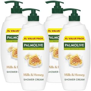 Palmolive Naturals Shower Gel, Milk and Honey Shower Cream with plant based Moisturising Milk, Dermatologically Tested Body Wash for All Skin Types, 750ml Pump Bottle, 4 Pack