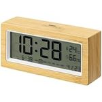 Navaris Digital Alarm Clock for Bedside or Desk with Light & LCD Backlit Display Shows Date Temperature & Humidity - Battery Operated - Bamboo with White Frame