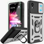 AKINIK for TCL 30Z (T602DL), TCL 30 LE (Verizon) 5G Case, with Slide Camera Cover and 2pcs HD Screen Protector, 360° Rotation Ring Kickstand [Military Grade] Protective Case (Silver)