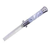 Pocket Switchblade Comb with Pearl Handle ~ Men's Flick Folding Comb for Hair , Beard & Mustache Grooming - Stainless Steel Metal Push Button Brush Shaping Tool with Spring Jump Automatic Action (White Marble)