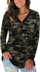 LAISHEN Women's Long Sleeve Leopard Print Tops Henley V Neck Camo Causal Loose Blouse T Shirts(Camo,M)