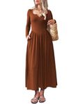 Mieazom Long Sleeves Maxi Dress for Women A Line 2024 V Neck Casual Button Boho Tshirt Long Dress with Pockets, Brown, Large