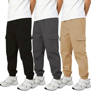 xueteox 3-Pack Boys Quick Dry Cargo Pants, Lightweight Athletic Joggers Outdoor Hiking Sweatpants for Kids Size 8-12Y (US, Age, 9 Years, Black/Dark Grey/Khaki 3-Pack)