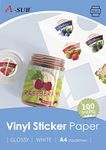 A-SUB White Glossy Premium Waterproof Printable Vinyl Sticker Paper, Self-Adhesive Vinyl Labels for Inkjet Printers, A4 Size, 100 Sheets