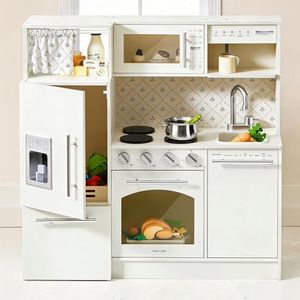 Tiny Land Play Kitchen for Kids, Upgraded Wooden Kitchen Toy with Complete Play Areas, Pretend Cooking Set with Sink, Stove, Microwave, Toy Coffee Station & Storage for Kids Ages 3+